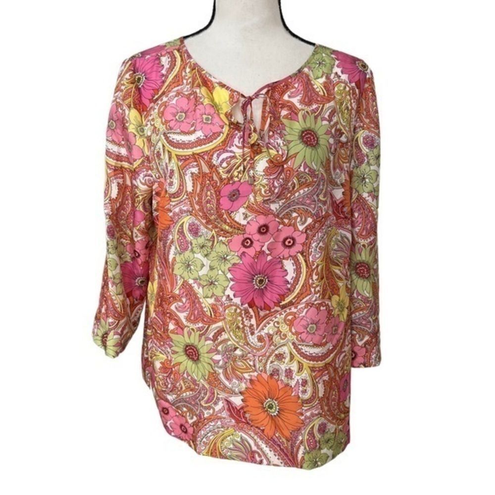 Talbots 100% silk floral v-neck blouse tunic with tie 3/4 sleeves petites size M